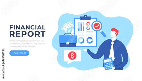 Financial report. Businessman character looking at the clipboard with financial infographic. Business audit, financial advisor, money management, finance concepts. Flat design. Vector illustration