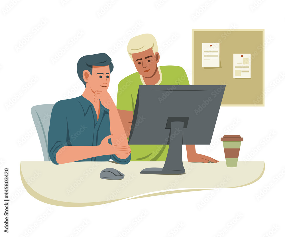 The Worker Men Look at Computer in Office for Collaboration. The Worker Men Look at Computer in Office for Collaboration.