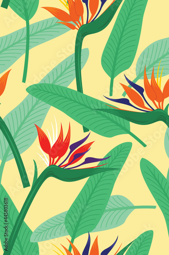 Seamless Pattern Wallpaper of Bird of Paradise Flowers and Leaves for the Tropical Plant Background.