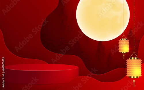 3d products podium mid autumn festival holiday or chinese new year, chinese festivals vector design with paper art ,flower, moon, rabbit, and asian elements with craft style on background.