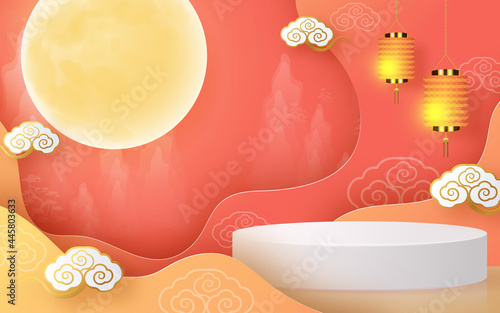 3d products podium mid autumn festival holiday or chinese new year, chinese festivals vector design with paper art ,flower, moon, rabbit, and asian elements with craft style on background.