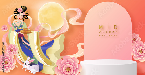 3d products podium mid autumn festival holiday or chinese new year, chinese festivals vector design with paper art ,flower, moon, rabbit, and asian elements with craft style on background.