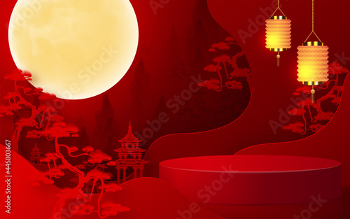 3d products podium mid autumn festival holiday or chinese new year, chinese festivals vector design with paper art ,flower, moon, rabbit, and asian elements with craft style on background.