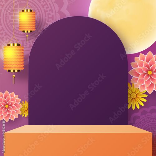 3d products podium mid autumn festival holiday or chinese new year, chinese festivals vector design with paper art ,flower, moon, rabbit, and asian elements with craft style on background.