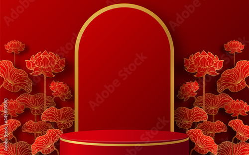3d products podium mid autumn festival holiday or chinese new year, chinese festivals vector design with paper art ,flower, moon, rabbit, and asian elements with craft style on background.