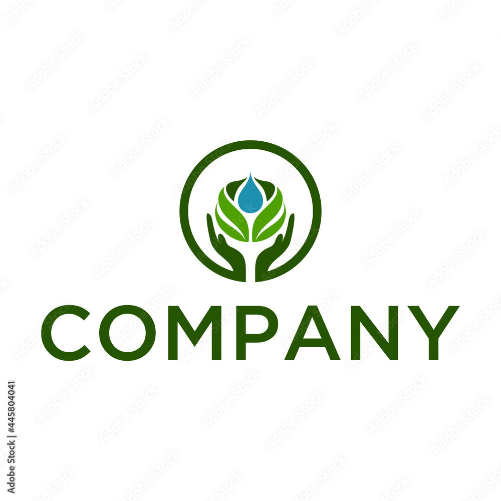Fototapeta premium Nature logo design, organic vector graphic with hand and water drop icon