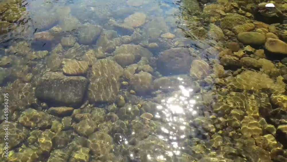 Video from a drone flying backward over a clear, shallow, rocky river Video from a drone flying backward over a clear, shallow, rocky river