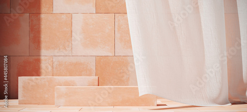 Fototapeta Naklejka Na Ścianę i Meble -  Minimal abstract background for product presentation. Sunshade shadow on pink terracotta tile with sheer curtain. 3d render illustration. Clipping path of each element included.