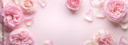 Flowers composition. Rose flower petals on pastel pink background.