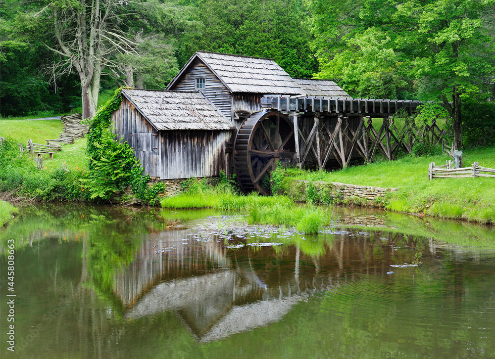 Mabry Mill and It's Reflection in Pond off the Blue Ridge Parkway, Virginia Mabry Mill and It's Reflection in Pond off the Blue Ridge Parkway, Virginia