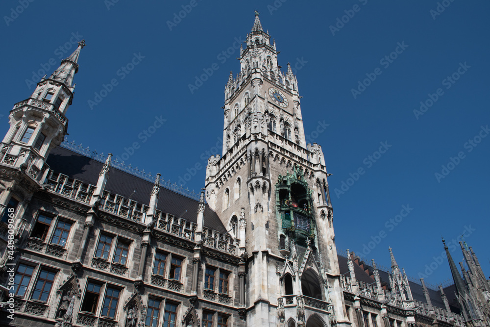 Tower of Neues Rathaus (New Town Hall) in Marienplatz square in the historic city center of Munich, Germany