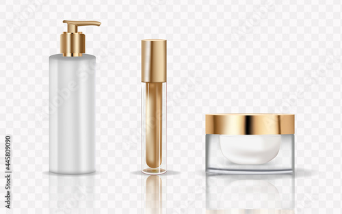 Cosmetic bottles. luxury Realistic golden packaging for serum, cream, shampoo, balm. Vector cosmetic mockup isolated on transparent background