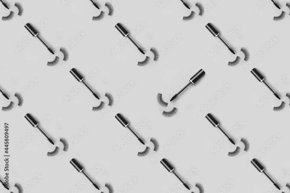 Set for eye lash extension on trendy gray background. Fake eyelashes, mascara brush, Beauty stylish seamless pattern concept, makeup cosmetics. Banner for site, header Set for eye lash extension on trendy gray background. Fake eyelashes, mascara brush, Beauty stylish seamless pattern concept, makeup cosmetics. Banner for site, header