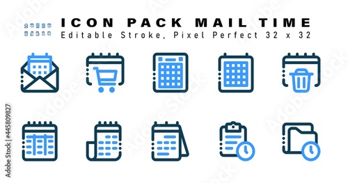 Icon Set of Mail Time Two Color Icons. Contains such Icons as Delete Date, Monthly Calendar, Calendar, Daily Calendar etc. Editable Stroke. 32 x 32 Pixel Perfect