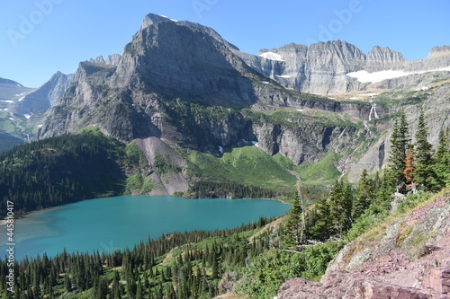 Lower Grinnell Lake and a view of Grinnell Glacier mountain in Glacier National Park, Montana.