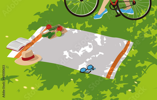 Woman's legs and a bicycle seen next to a blanket with a book, a hat, sunglasses and healthy snacks on it in a shadow of a tree in a sunny summer day, EPS 8 vector illustration, no transparencies 