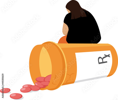 Depressed overweight woman sitting on a bottle of prescription pills that fail to help her and might cause obesity, EPS 8 vector illustration