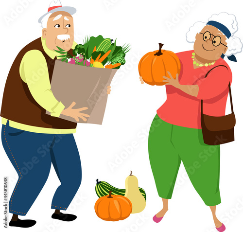 Senior couple shopping for vegetables at the farmers market, EPS 8 vector illustration
