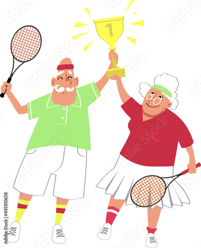 Senior tennis playing couple holding a trophy for a first place in a tournament, EPS 8 vector illustration