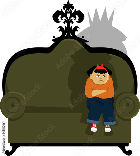 Sulking little girl sitting in a grand chair, her shadow shows a crown on her head, EPS 8 vector illustration, no transparencies