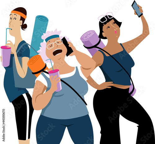 Three mature women after a yoga class having protein shakes and communicating over the smartphones, EPS 8 vector illustration