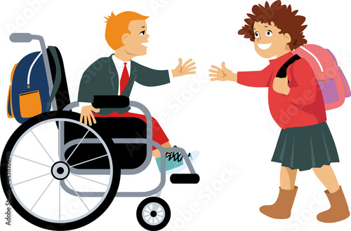 Little schoolgirl greeting her classmate who is in a wheelchair, EPS 8 vector illustration