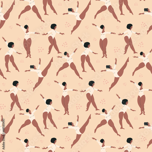 Seamless pattern with body positive dancing women in summer swimsuits. Attractive overweight female in bikini, charming fat girls, cute plus size ladies in swimsuits. Flat vector cartoon illustration