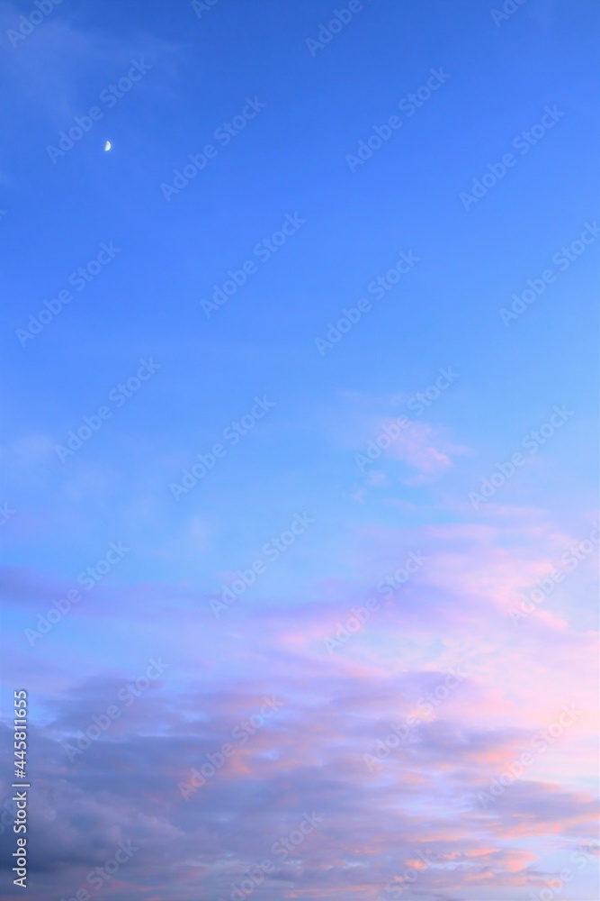 夕空の夕日に照らされた雲のピンクの美しい空画像 縦