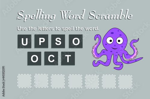 Spelling scramble game template for octopus illustration