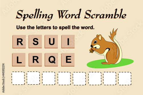 Spelling scramble game template for squirrel illustration