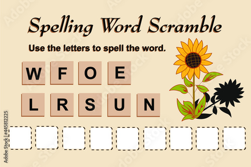 Spelling scramble game template for sunflower illustration