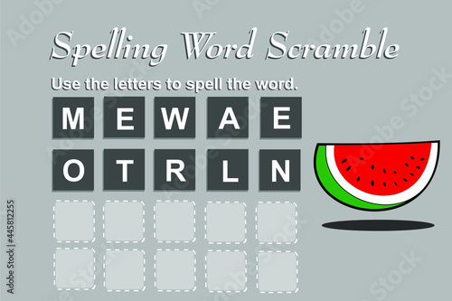 Spelling scramble game template for watermelon illustration