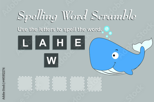 Spelling scramble game template for whale illustration