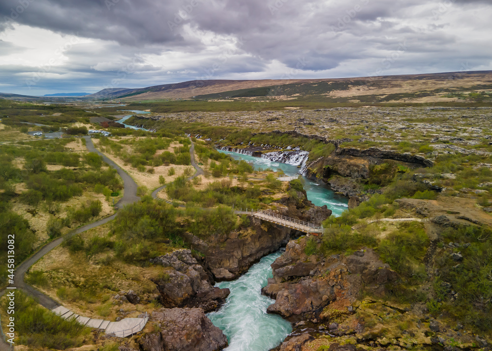 Fototapeta premium Scenic Barnafossar landscape aerial view in Iceland