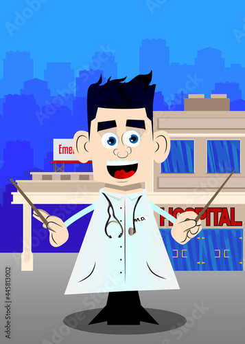 Funny cartoon doctor as an orchestra conductor. Vector illustration.
