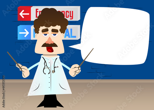 Funny cartoon doctor as an orchestra conductor. Vector illustration.