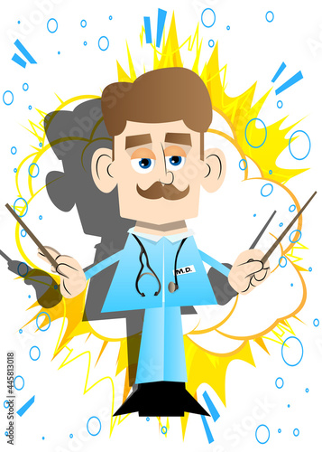 Funny cartoon doctor as an orchestra conductor. Vector illustration.