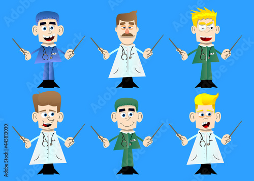 Funny cartoon doctor as an orchestra conductor. Vector illustration.
