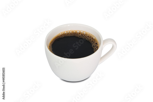 Hot black coffee in white glass and spoon on isolated white background .Food concepts and Lifestyle