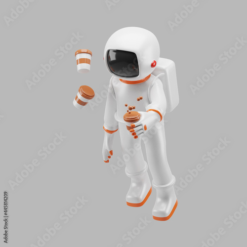 astronaut character holding coffeem, 3d rendering photo