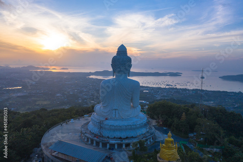 aerial view head of Phuket big Buddha in blue sunrise..Phuket Big Buddha is one of the island most important and revered landmarks on the island..image for travel and culture concept.
