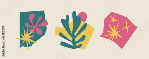 Cutout element poster. Trendy Matisse inspired style. Retro, vintage. Contemporary paper cut outs form. Summer concept. Vector hand drawn artwork. Green, pink, red, beige, yellow bright color