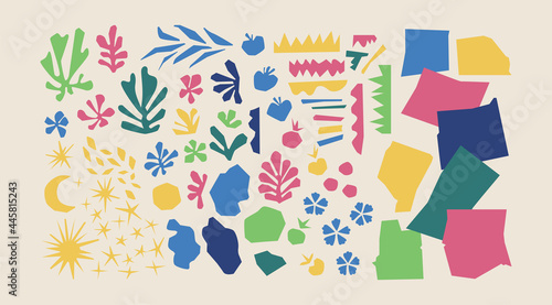 Cutout elements isolated. Trendy Matisse inspired style. Retro, vintage. Contemporary paper cut outs form. Set collection. Vector hand drawn artwork. Blue, pink, red, beige, green, yellow bright color