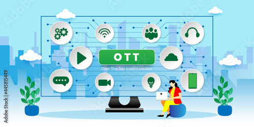 OTT over the top media distribution movie and music concept With icons. Cartoon Vector People Illustration