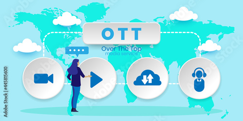 OTT over the top media distribution movie and music concept With icons. Cartoon Vector People Illustration