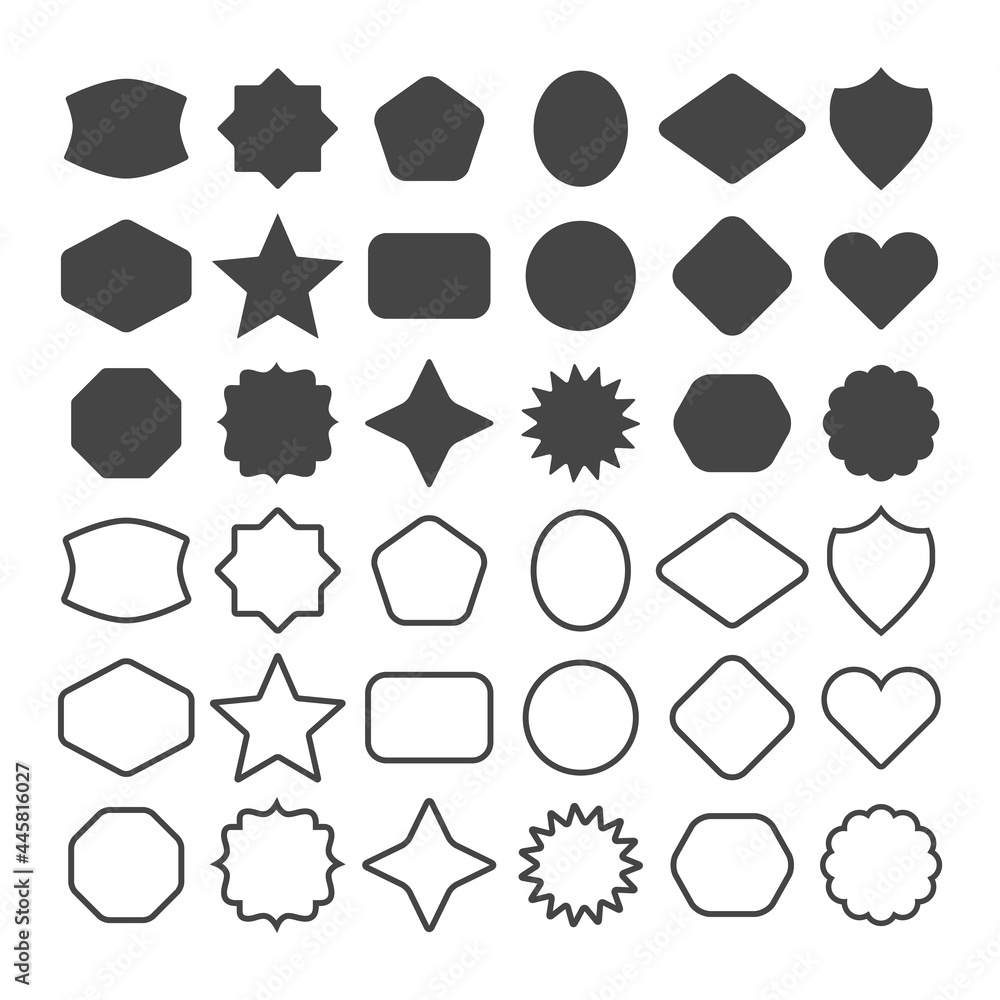 Black line and silhouette empty geometrical basic shapes emblems icons set on white background