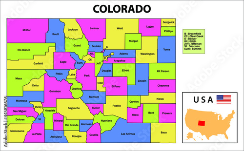 Colorado Map. State and district map of Colorado. Administrative and political map of Colorado with names and color design.