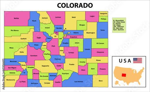 Colorado Map. State and district map of Colorado. Administrative and political map of Colorado with names and color design.