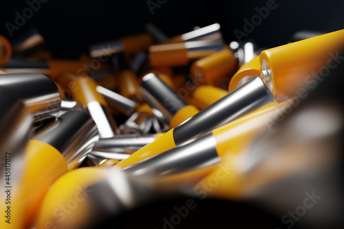 3d illustration close-up of aa size alkaline battery on dark background. An unsafe way to use energy.