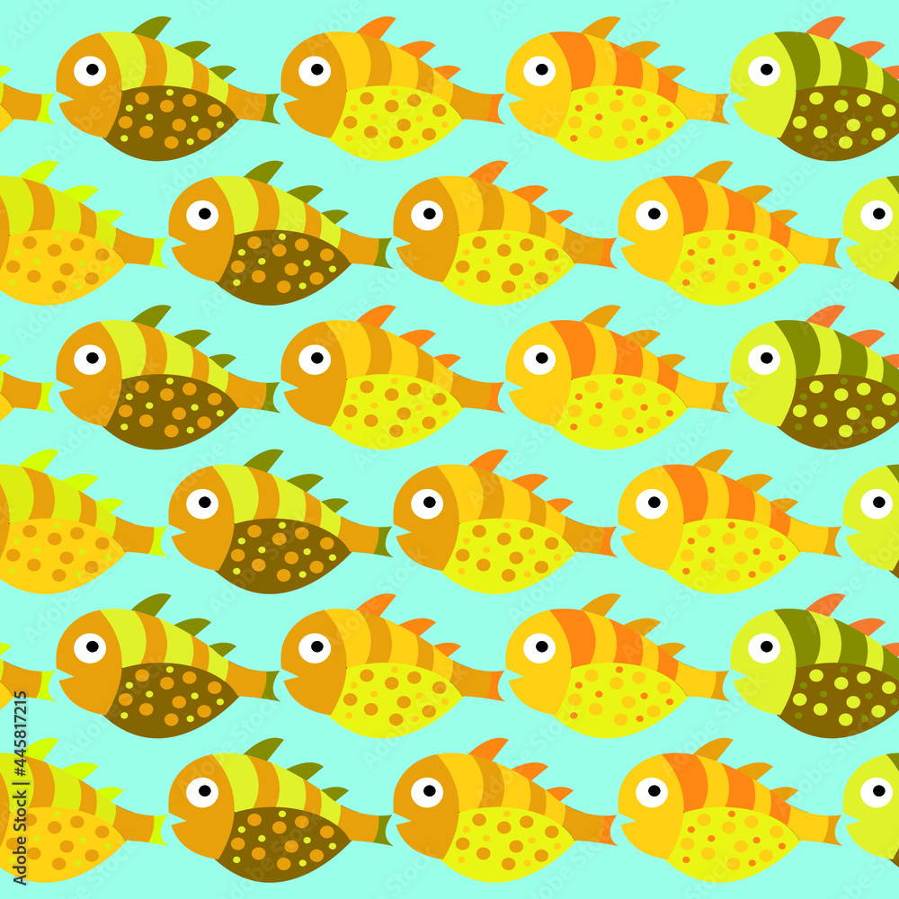 Fototapeta premium Seamless vector pattern with cute yellow and green decorative fish. Funny multicolor background, sea texture